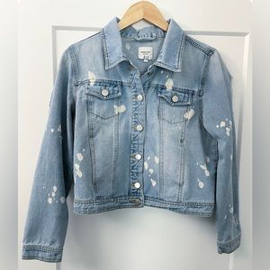 ACTIVE USA Denim Crop Jacket Large Bleach Spot Distressed Light Blue